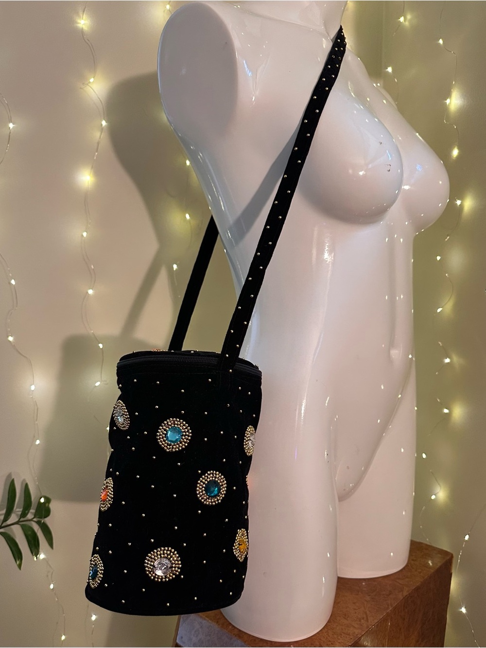 Black velvet gem embellished bag